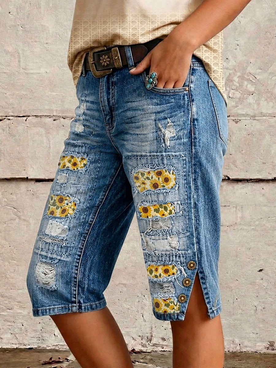 Retro Style Floral Art Print Vintage Casual Denim Shorts